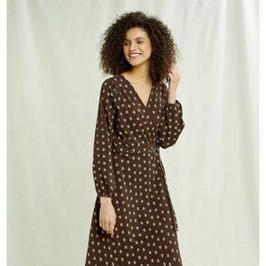 PEOPLE TREE Diya Motif Wrap Dress in Brown Organic Fair Trade Cotton